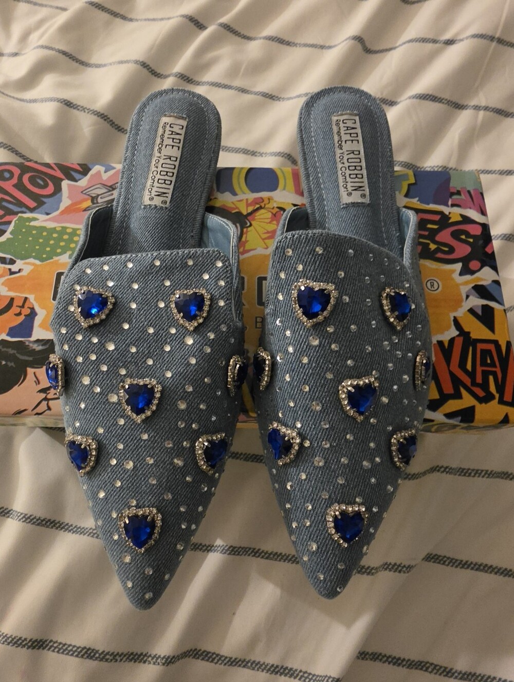 Cape Robbin Blue Jeweled Denim Pointed Mules